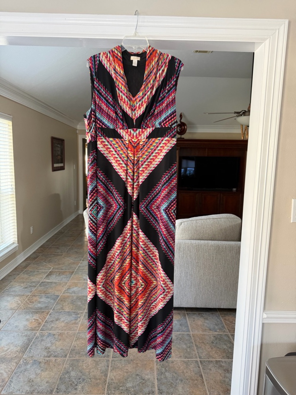 Chico's Black Maxi Dress with Vibrant Multi-Color Chevron Print